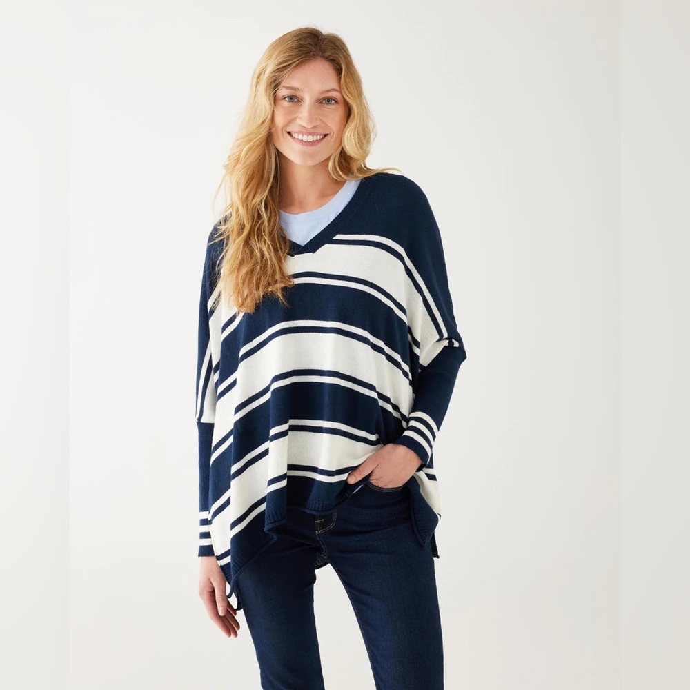 Mersea Catalina V Neck Side Slit Sweater Striped Navy and Cream One Size
